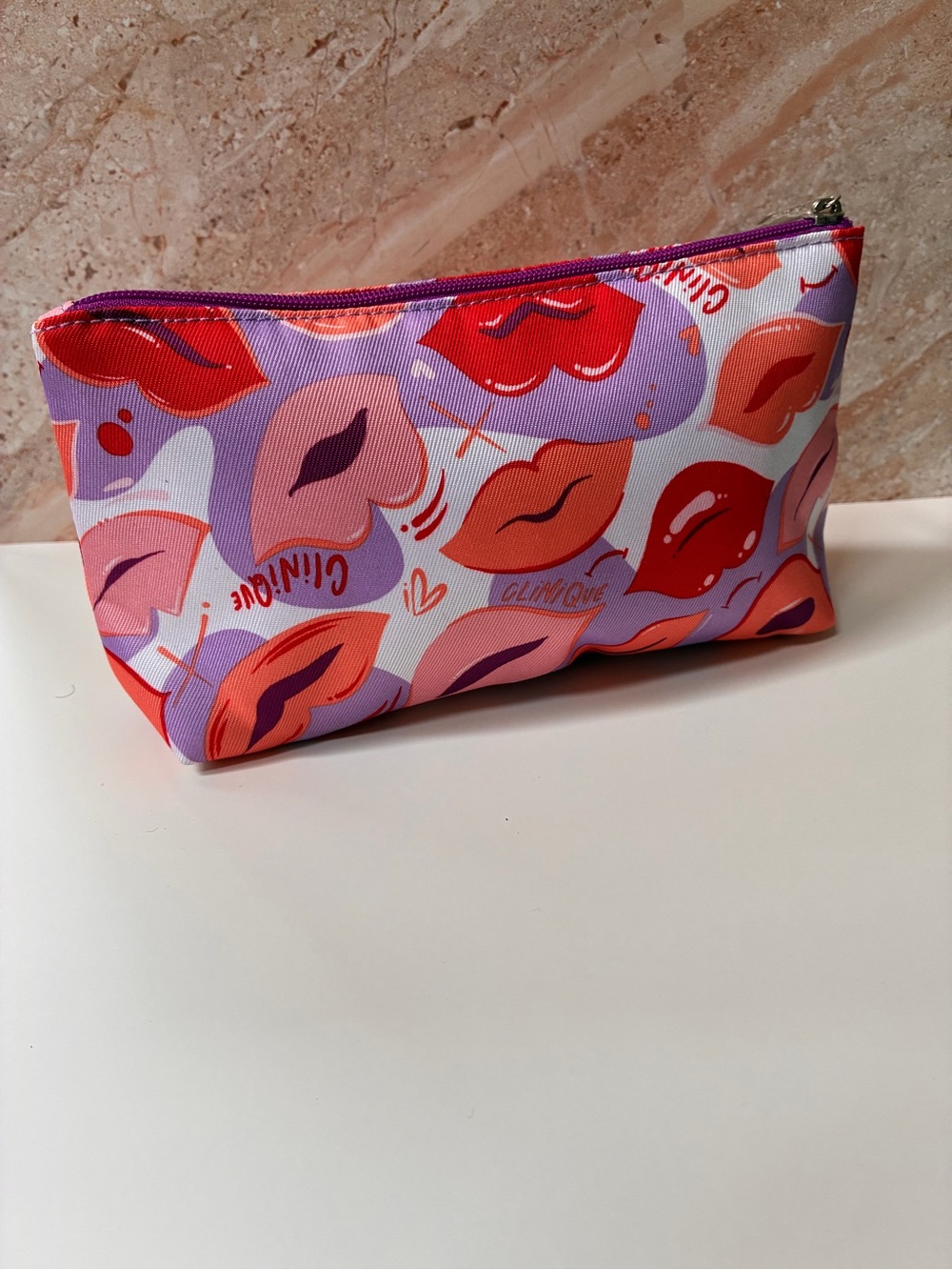 Clinique Pink, Red & Purple Lip-Print Cosmetic Bag